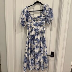 Abercrombie & Fitch Blue and White Puff Sleeve Midi Dress